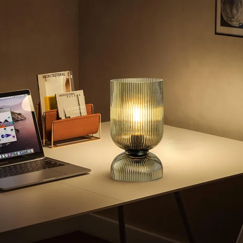 Miniatura 3 de Lámpara de mesa moderna, lámpara de vidrio de mediados de siglo con pantalla de vidrio verde, lámpara de cabecera con interruptor