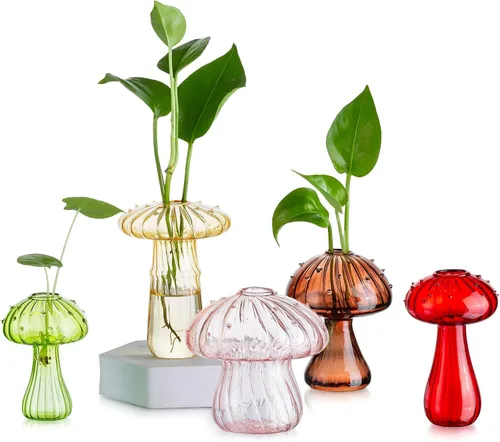 Glasseam Macetero de Vidrio con Forma de Hongo, Juego de 5 Estaciones de Propagación de Plantas de Colores, Mini Terrario para Plantas, Jarrón de