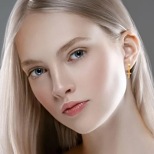 Miniatura 4 de Cruz chapado en oro de 18 quilates con chaqueta o aretes colgantes I religiosos pequeños aretes para hombres y mujeres 0.4 x 0.2 pulgadas I