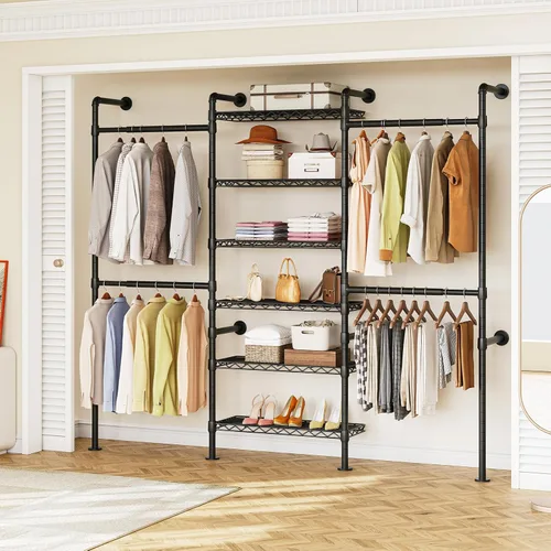 Miniatura 10 de ONBRILL H3 Sistema de Armario Montado en Pared, Perchero de Tubería Industrial Expandible Perchero de Ropa para Colgar Ropa, Organizadores de Dorado