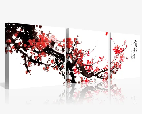 Miniatura 21 de Arte de Pared de Acuarela de Estilo Asiático Tradicional Chino Pájaro en Rama de Flor de Cerezo Roja Decoración Paisaje Floral Oriental Pintura