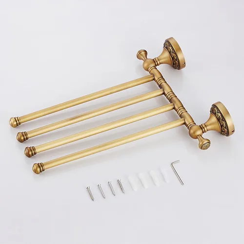 Miniatura 7 de Soporte de Toalla Plegable Montado en Pared para Baño, 4 Barras de Toalla con Patrón de Latón Antiguo Tallado, Bronce Cepillado