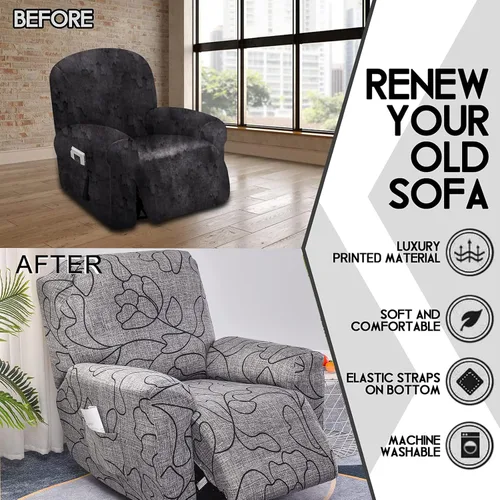 Miniatura 6 de CRFATOP Funda para sillón reclinable con estampado floral con bolsillos, funda única para sillón reclinable, 4 piezas, funda para sillón reclinable