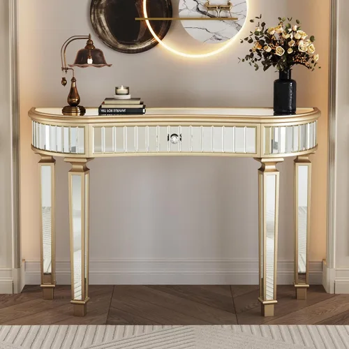 Miniatura 16 de Henf Escritorio de tocador con espejo para dormitorio, mesa de tocador de maquillaje, mesa de sofá con 2 cajones de diamantes sintéticos, moderno