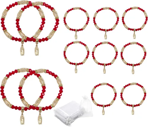 Pulsera de Rosario de Guadalupe con 12 piezas, color rojo y plateado con bolsas de organza, recuerdo de bautizo, recuerdo de bautizo, quinceañera,