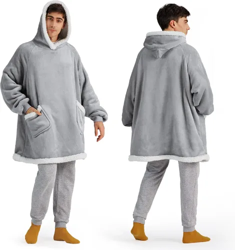 Bedsure Manta con capucha, manta con capucha portátil como regalos para mamá, regalos de cumpleaños para mujeres, niños y adolescentes, sudadera Gris