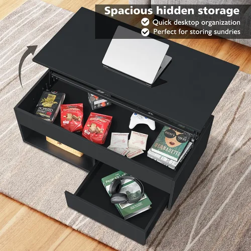 Miniatura 5 de HOMMPA - Mesa de café con tapa elevable de 40" con almacenamiento, mesa de centro LED moderna de alto brillo para sala de estar, mesa de té moderna