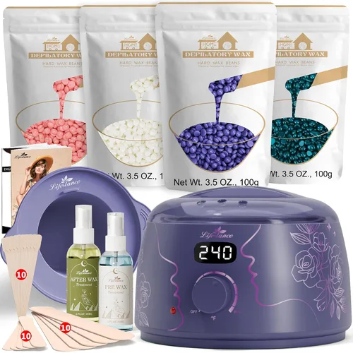 Lifestance Kit de depilación para mujeres y hombres - Calentador digital L3 Amethyst Trace, forro de silicona para recipiente de cera, depilación