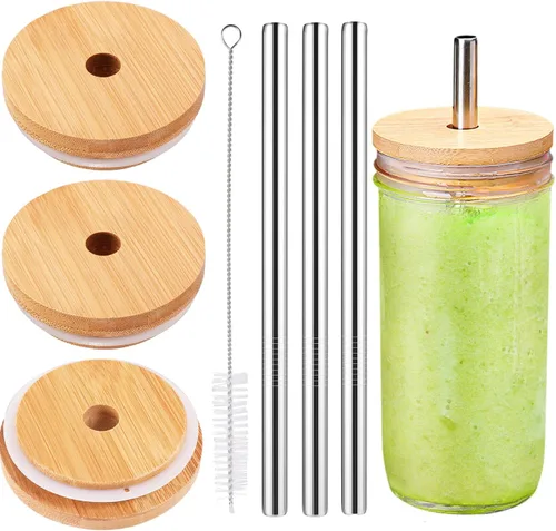Miniatura 9 de Paquete de 3 tapas de bambú de boca regular con agujero para popote y popote compatible con tarro Mason, tapas de madera para tarros de boca regular