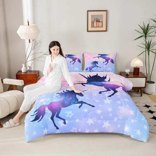 Manfei Juego de edredón con siluetas de unicornio, tamaño King, juego de ropa de cama romántica de cielo estrellado y galaxia, decoración de Navidad