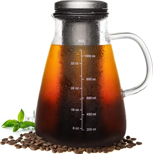 YMMIND Cafetera fría de 34 onzas, cafetera preparada con filtro extraíble de doble malla de acero inoxidable 304, recipiente de vidrio sin BPA,