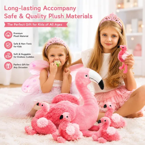 Miniatura 3 de Juguetes de peluche de flamenco de 21 pulgadas con 4 bebés de felpa suave, color rosa, lavable a máquina, para cumpleaños, niños pequeños