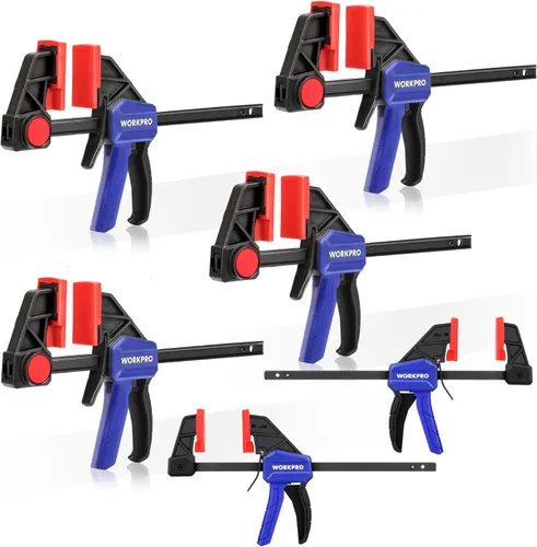 Miniatura 14 de WORKPRO Abrazaderas de Mini Barra para Carpintería, 6" (2) y 4-1/2" (2), Abrazadera/Separador de Una Mano de 4 Piezas, Abrazadera F de Cambio Rápido