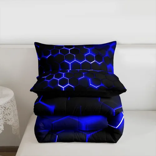 Miniatura 7 de Erosebridal Juego de Edredón de Panal, Juego de Ropa de Cama Geométrica de Luz Neón Queen para Niños Varones y Adolescentes, Juegos de Edredón