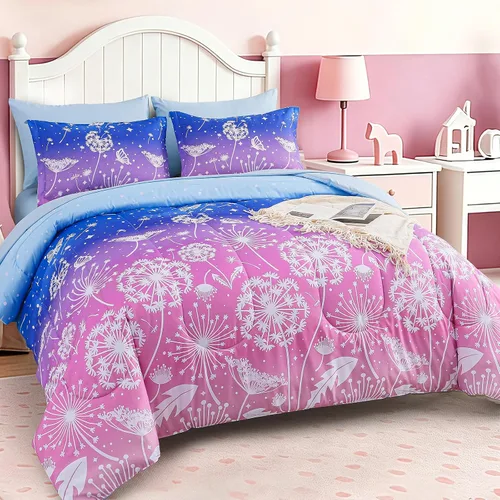 Miniatura 87 de Dinjoy Juego de edredón para niñas, tamaño individual, colorido, azul, rosa, morado, arcoíris, juego de ropa de cama de 6 piezas en una bolsa