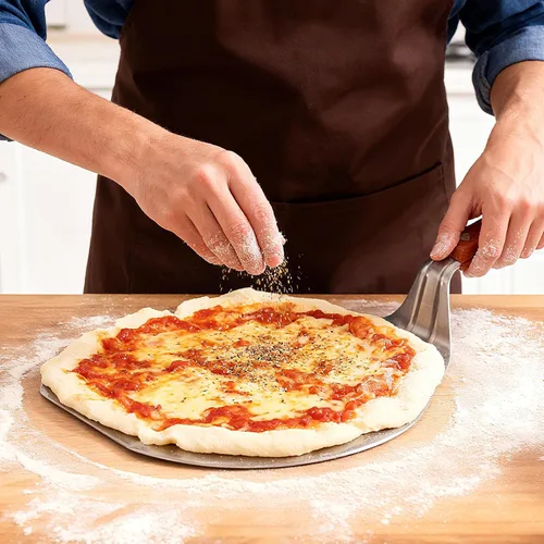 Miniatura 6 de IUAQDP Espátula de pizza de acero inoxidable, pala de cáscara, elevador de pasteles, mango de madera, soporte para placa de hornear, pizza casera