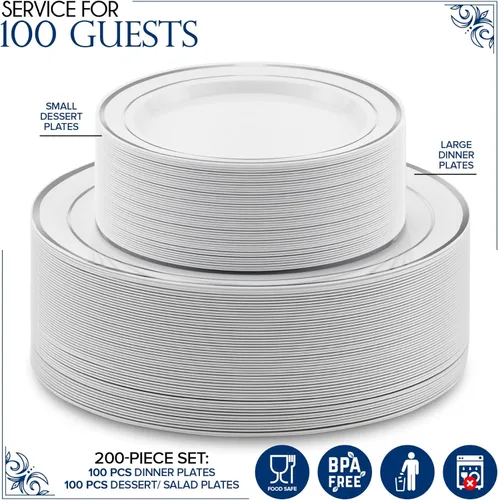 Miniatura 2 de Juego de platos desechables para cena y postre, 200 piezas (10 + 7 pulgadas), elegantes platos de plástico blanco y plateado para fiestas y bodas