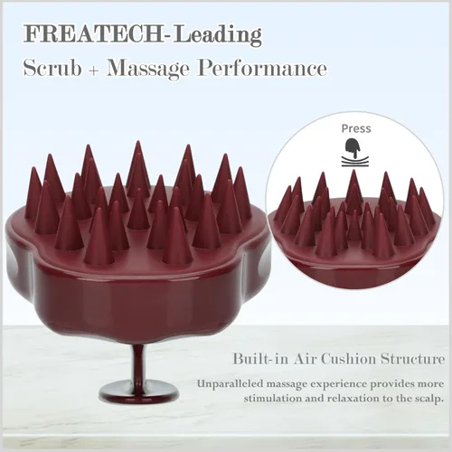 Miniatura 4 de FREATECH Cepillo de champú con masajeador con cerdas de silicona suave para el cuidado del cuero cabelludo, exfoliador y limpiador del cuero Rojo