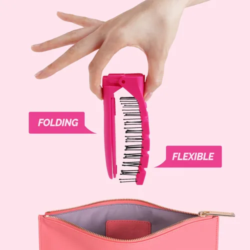 Miniatura 2 de Cepillo de pelo plegable compacto con espejo, peine desenredante para adultos y niños, portátil para viajes y almacenamiento, cabello húmedo y seco