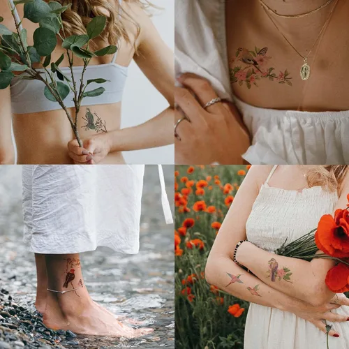 Miniatura 2 de Everjoy Tatuajes temporales realistas de acuarela, flores, pájaros, más de 40 diseños, tatuajes impermeables para mujeres y hombres, 20