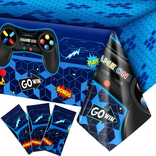 Tatuo 3 fundas de mesa de videojuegos, decoración de cumpleaños temática de juegos, mantel de plástico, suministros de fiesta para niños y niñas,