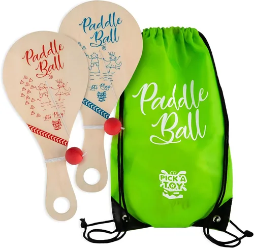 PICK A TOY Bola de paleta de madera con cuerda (juego de 2) con bolsa de transporte verde - Juguete para interiores y exteriores: divertido y Con