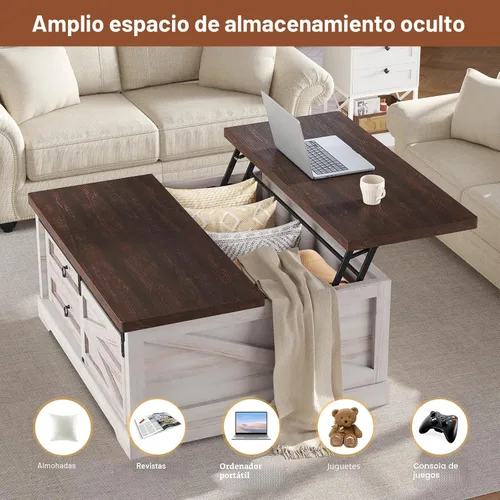 Miniatura 5 de Itaar Mesa de Centro con Tapa Elevable de 39.4 pulgadas con Almacenamiento, Mesas de Centro de Estilo Granja para Sala de Estar, Mesa de Centro