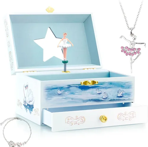 Miniatura 24 de RR ROUND RICH DESIGN - Joyero musical para niñas con cajón y juego de joyas con tema de bailarina, melodía de “El lago de los cisnes”, color rosado