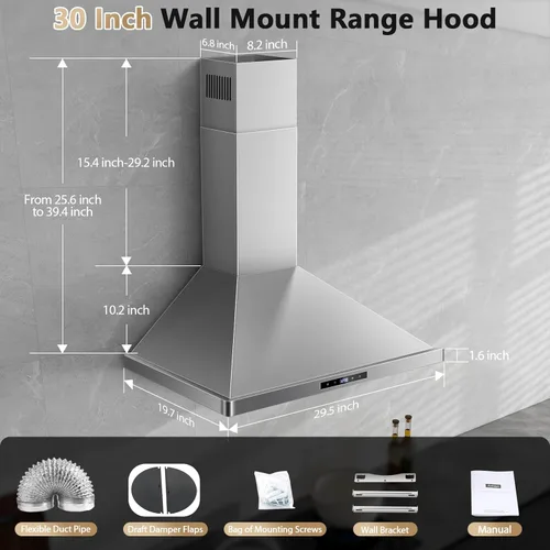 Miniatura 3 de Campana de cocina de montaje en pared de 30 pulgadas, campana extractora con/sin conductos con función de apagado retardado, 700 CFM, ventilador