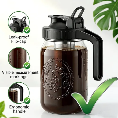 Miniatura 3 de Cafetera de cerveza fría de 32 onzas de boca ancha con filtro de acero inoxidable, jarra de infusión fría hermética y a prueba de fugas de 1 cuarto