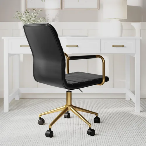 Miniatura 7 de Martha Stewart Taytum - Silla giratoria de escritorio con reposabrazos para oficina en casa, en cuero sintético negro con marco de latón pulido