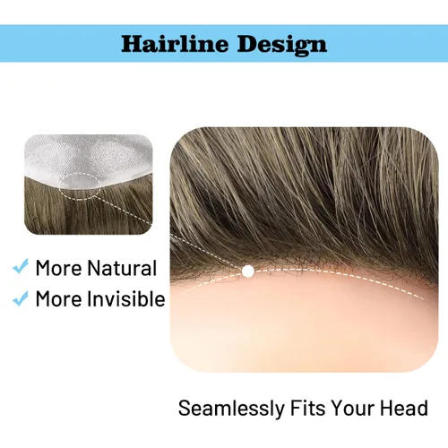 Miniatura 4 de Toupee para hombres, 8x10 pulgadas 0.002 in piel sintética fina para hombre, cabello humano tipo tupé, rubio sucio para hombre, peluca de cabello