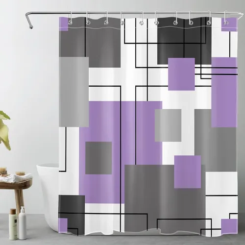 Miniatura 37 de LB Cortina de ducha geométrica a rayas grises y blancas, cortinas de ducha abstractas de mediados de siglo verde salvia para baño, 72 x 72 pulgadas