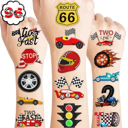 96 piezas de dos tatuajes temporales rápidos para niños, recuerdos de fiesta de segundo cumpleaños, suministros de decoración de carreras a cuadros