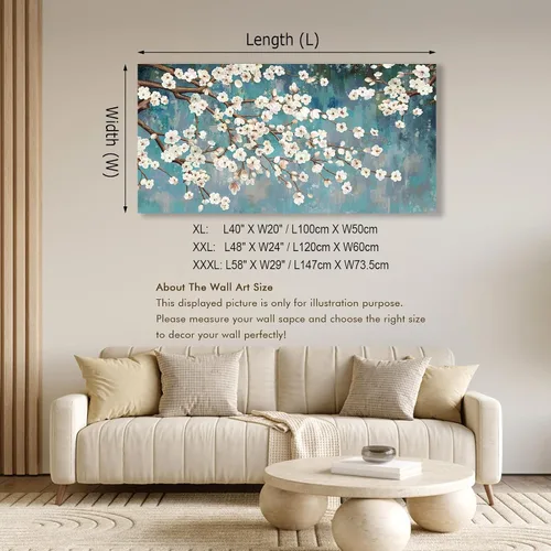 Miniatura 6 de Shoci Arte de pared de árbol de flores, lienzo grande de ramas florales blancas y marrones para sala de estar, pintura rústica, verde azulado