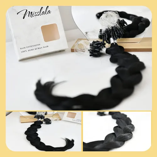 Miniatura 8 de Extensiones de cabello humano microlink de 16 pulgadas, extensiones de cabello natural suave de microcuentas, color #1 negro azabache, 100% cabello