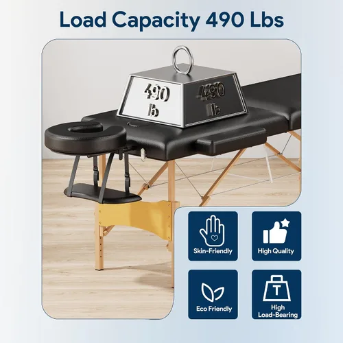 Miniatura 5 de Brelley Mesa de masaje portátil de madera para pestañas, altura ajustable, mesa de spa de 2 pliegues, cama plegable para tatuajes (negro)