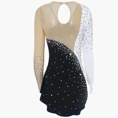 Miniatura 2 de Vestido de competición de patinaje sobre hielo para adultos, patrones blancos y negros para coser, manga larga, vestido de patinaje artístico
