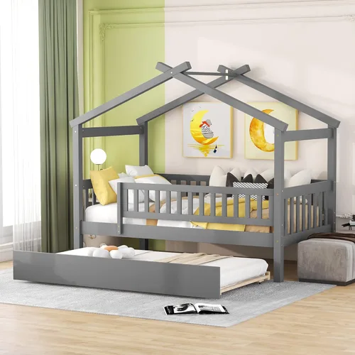 Miniatura 30 de JIVOIT Cama de plataforma de madera con dos cajones, cama de casa tamaño individual con diseño de techo, patas de pino macizo, cabecera y estribo
