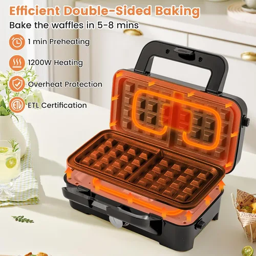 Miniatura 9 de BECOMFORT Máquina de gofres 3 en 1, prensa de sándwich con 3 placas antiadherentes extraíbles, luces indicadoras, mango de tacto frío, sandwich