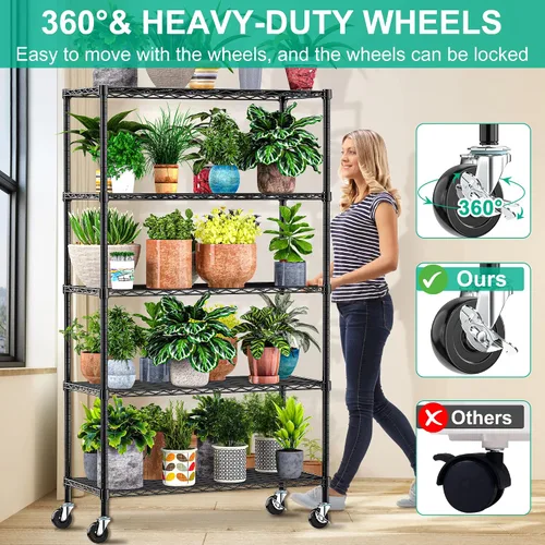 Miniatura 4 de Folews Estantes de almacenamiento de 5 niveles con ruedas – Estantería de alambre ajustable, estantes de metal para almacenamiento, estante