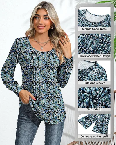 Miniatura 4 de Blusa plisada de manga larga abombada para mujer, cuello redondo, elegante, casual, holgada, para verano y otoño