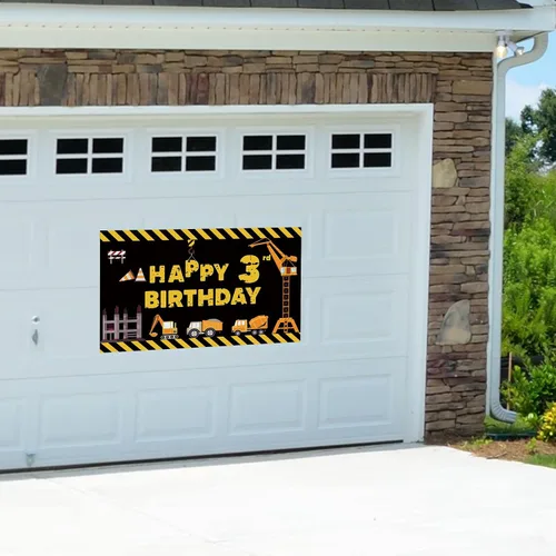 Miniatura 6 de Joyiou Cartel de fondo de decoración de feliz tercer cumpleaños con tema de construcción para niños y niños, tres años de edad, camión volquete