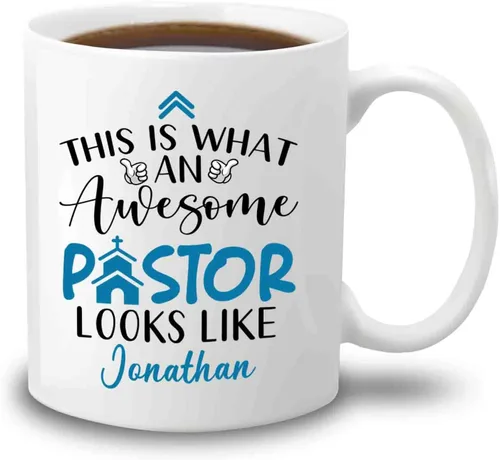 Awesome Pastor - Tazas de café de 11 onzas y 15 onzas, nombre personalizado y personalizado, perfectas para pastores y regalos de iglesia Taza