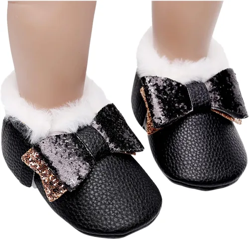 Miniatura 2 de Botas para niños caminantes para niñas con lazo de nieve para primer bebé zapatos anchos de felpa para bebé color negro 0-3 meses