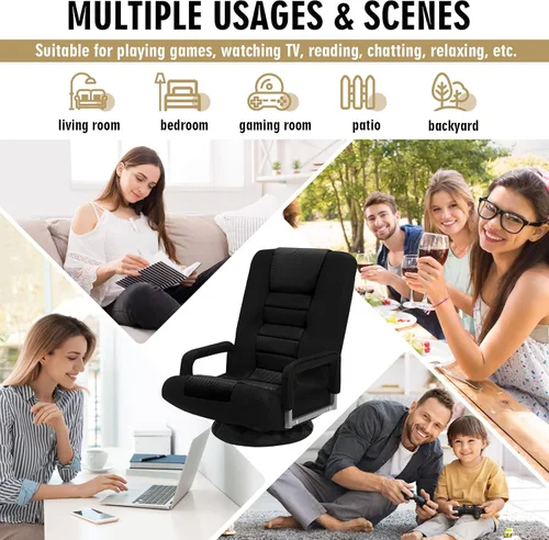 Miniatura 9 de Silla de juegos giratoria de piso con reposabrazos, sofá reclinable plegable de video con 6 posiciones ajustables, respaldo acolchado y cojín, sofá