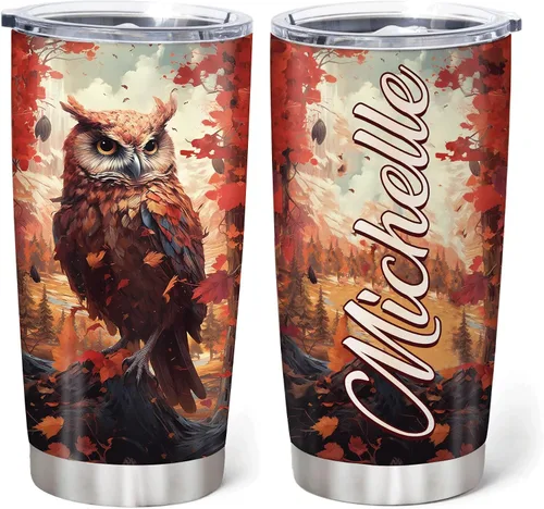 Miniatura 8 de Hyturtle Vaso Personalizado para Amantes de Búhos - Vaso de Café de Acero Inoxidable con Impresión de Búhos y Nombre Personalizado 590 ml con Tapa