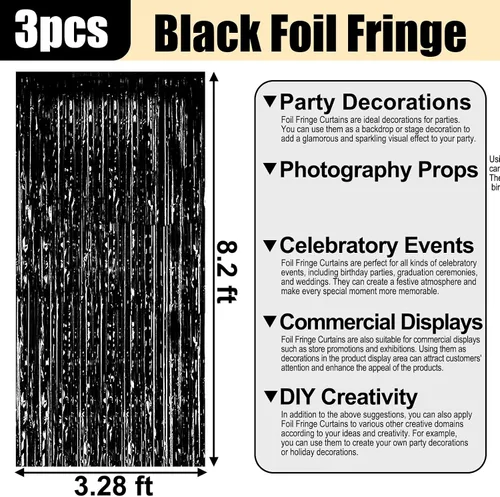 Miniatura 2 de Paquete de 3 cortinas de flecos de papel de aluminio negro, 3.28 pies x 8.2 pies, cortinas metálicas de oropel con flecos para cabina de fotos