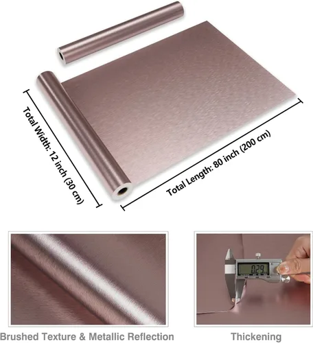 Miniatura 8 de CRE8TIVE Papel de contacto de acero inoxidable dorado rosa de 12 x 80 pulgadas para papel tapiz de cocina, papel tapiz metálico cepillado
