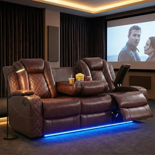 Miniatura 19 de Juego de sofá reclinable eléctrico de cuero de 3 piezas para sala de estar con puertos USB, iluminación ambiental LED y consola de almacenamiento